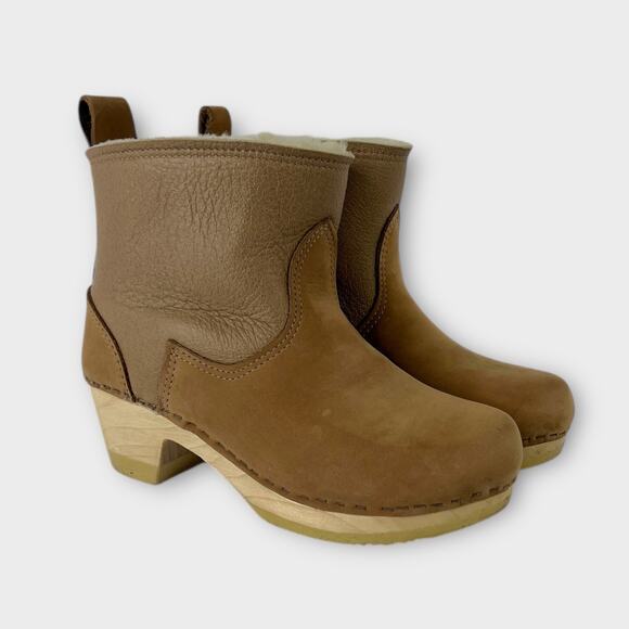 No. 6 Shoes - No. 6 5" Pull on Shearling Clog Boot on Mid Heel in Natural and Khaki Size 38